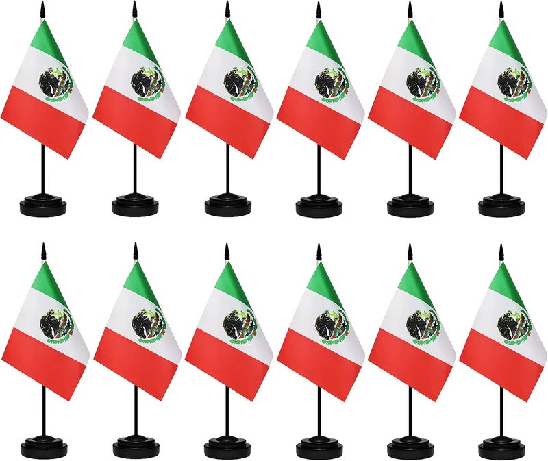 tibijoy Mexico Flags Mexican Desk Flag Set Small Mini Mexico Table Office Flag with 13" Black Pole, Black Base and Spear Top,Miniature Mexican Deluxe Desktop Flag, Home Decoration, Office Decoration, Festival Celebrations(12 Pack ) - Image 1
